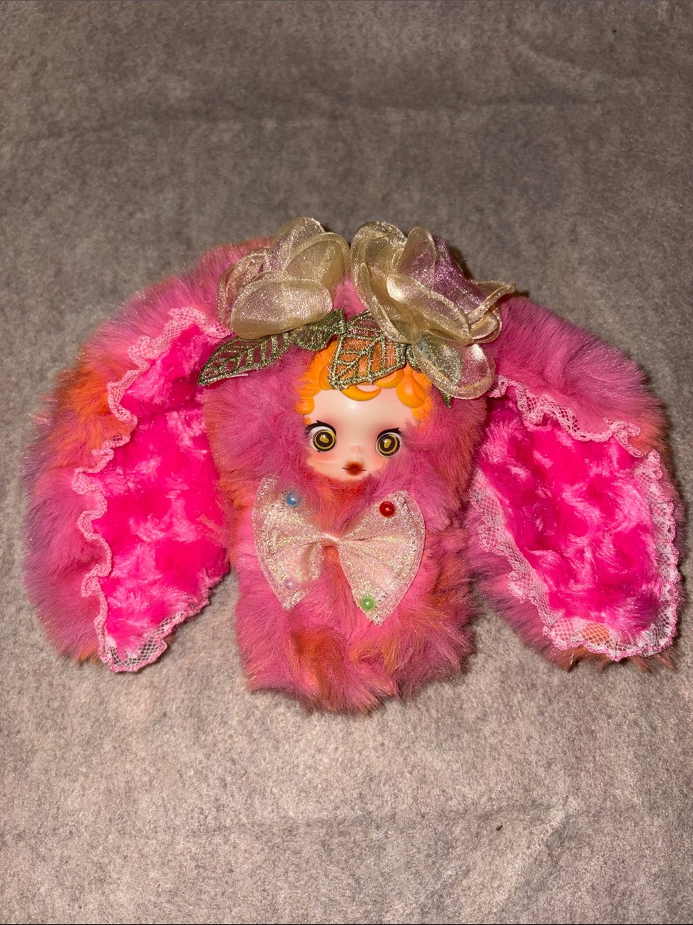Custom Skull Panda Plush Bunny Pendant Pink Faux Fur